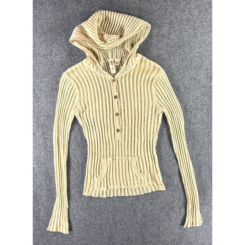 Y2K Abercrombie & Fitch Vtg Open Knit Hoodie Sweater Beige Cream Women Medium